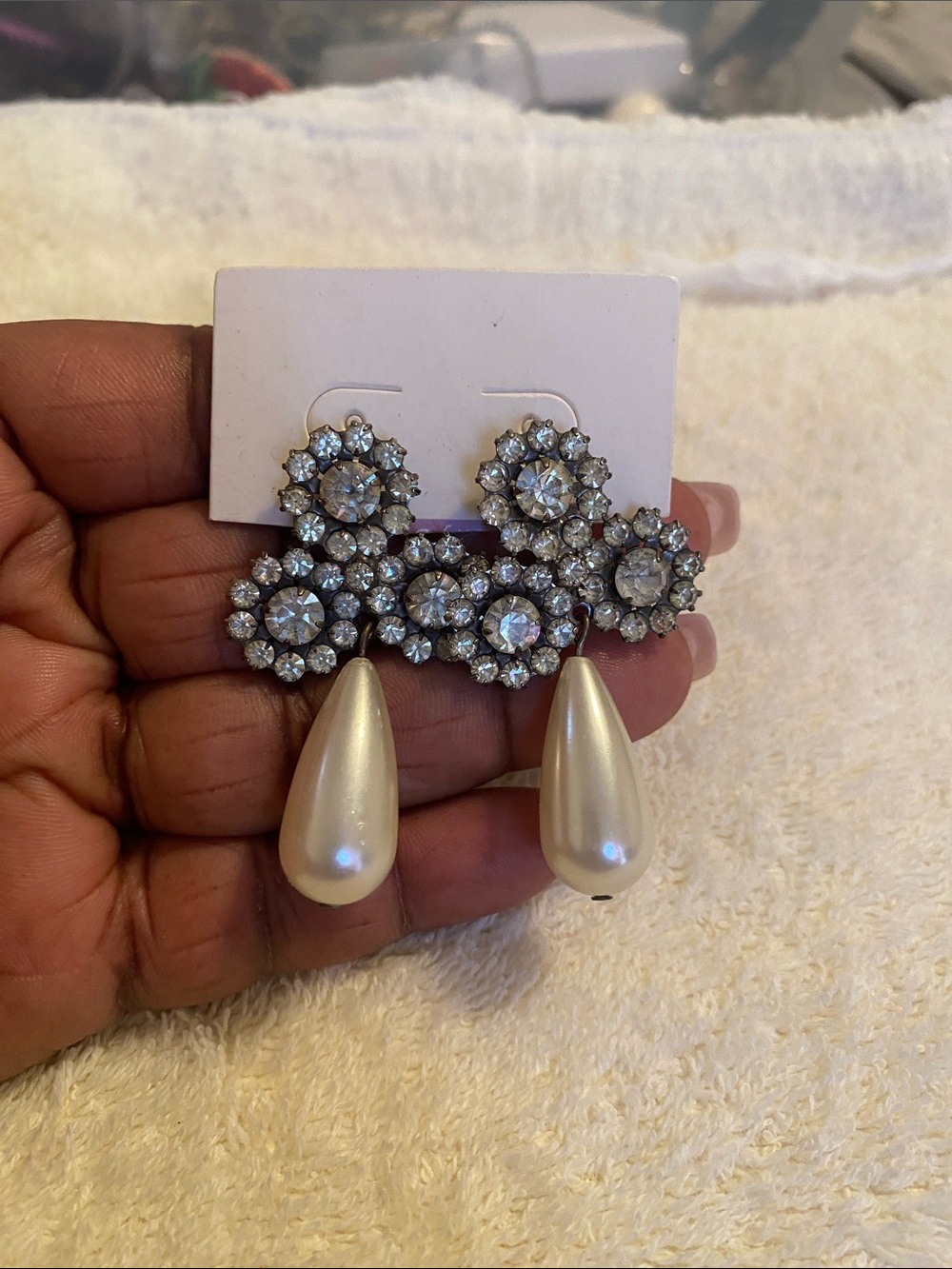 Pearl Teardrop & Crystal Cluster Drop Earrings - White